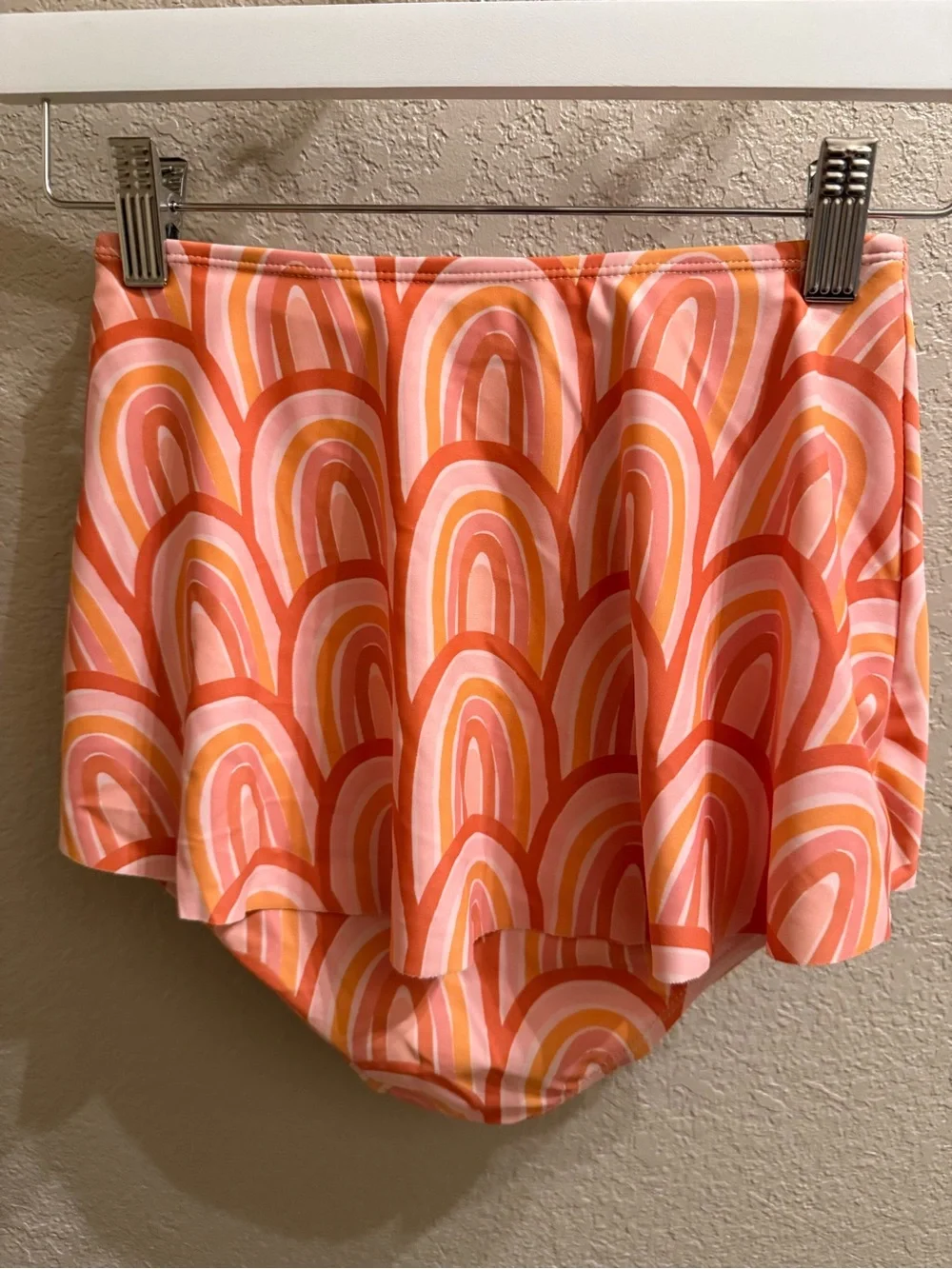Girl’s High-Waist Swim Skirt with Shorts - Pink Orange Rainbow Print